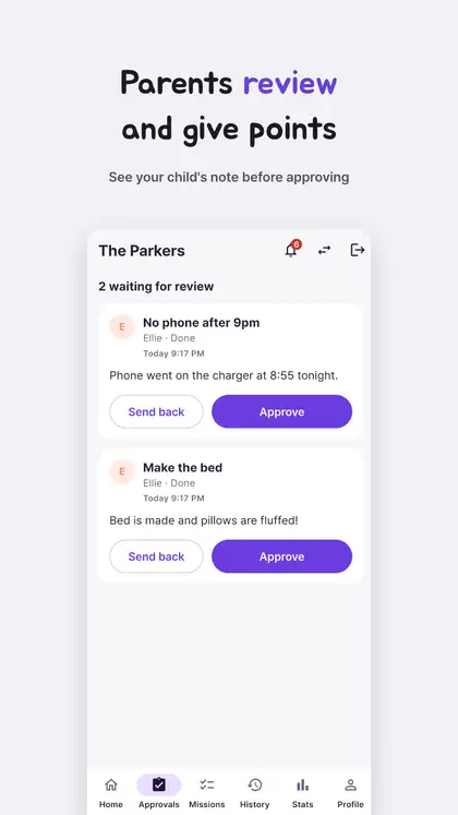 Approval screen where parents confirm and award points